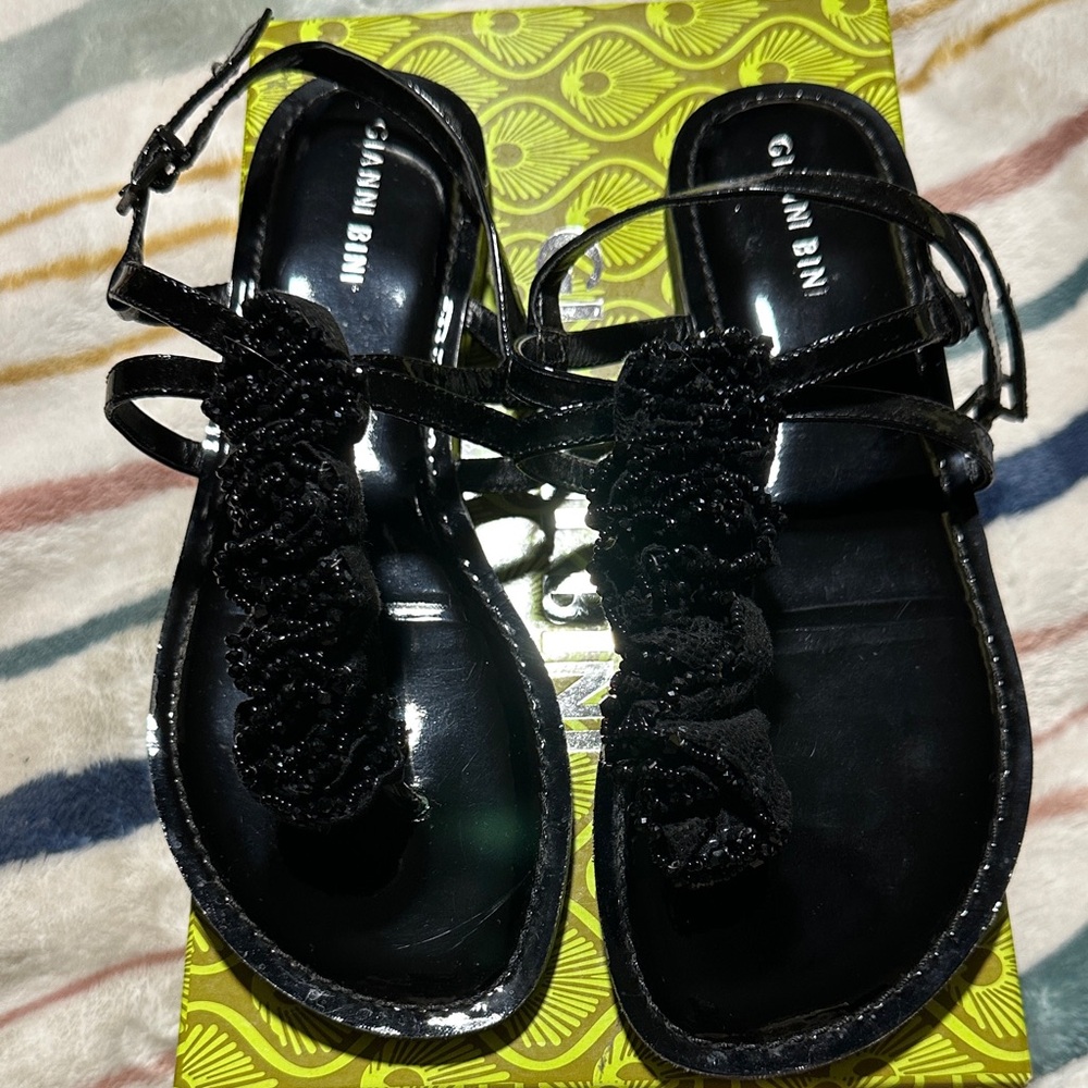 Gianni Bini Black Beaded T-Strap Sandals